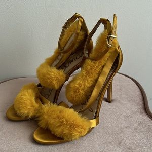 Yellow furry heeled sandals